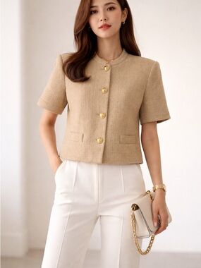 Derek Lam 10 Crosby Tweed Short Sleeve Blazer with Gold Button in Tan M NWT Chic